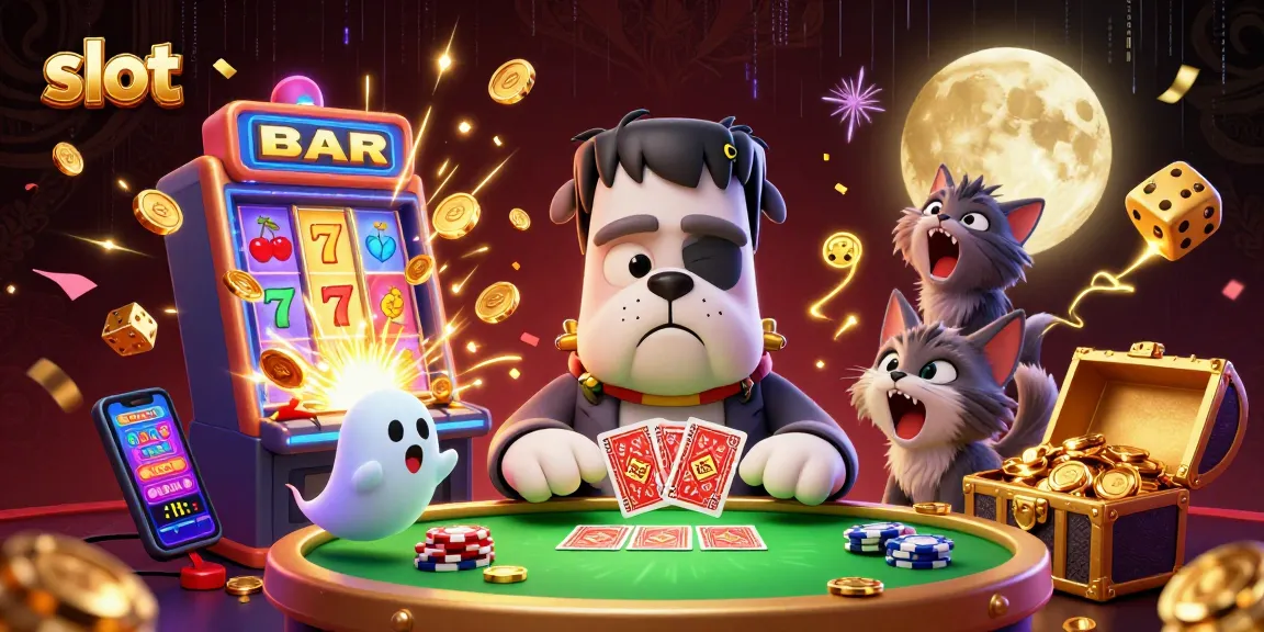 Spin the slot machine while enjoying a vibrant scene with entertainment elements and characters around.