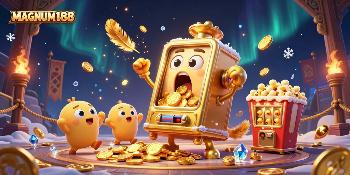 Experience excitement with MAGNUM188 as a golden slot machine hits a jackpot, coins overflowing.