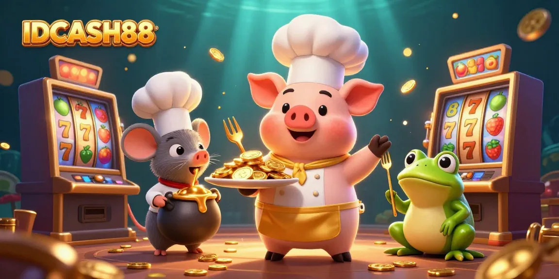 Spin the reels at IDCASH88 with an animated chef serving gold coins for players!
