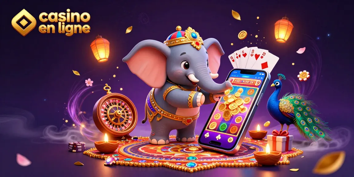 Célébrez le jeu en ligne avec "casino en ligne" entouré d'un éléphant Diwali et d'éléments de jeu dynamiques.