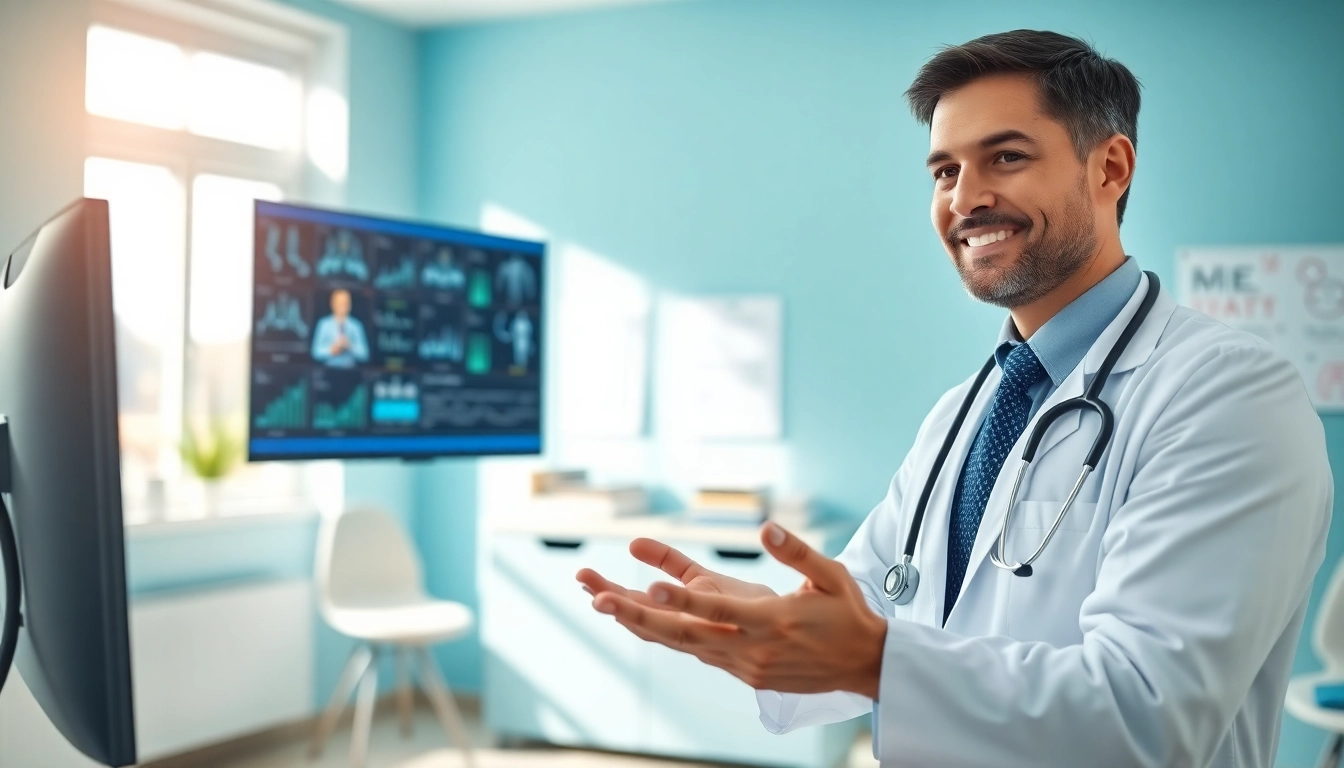 Doctor consulting through an AI-powered medical second opinion platform in a professional setting.