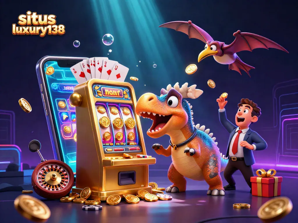 Situs luxury138 menghadirkan ilustrasi kasino yang dinamis dengan pemenang jackpot dan karakter unik yang menghibur.
