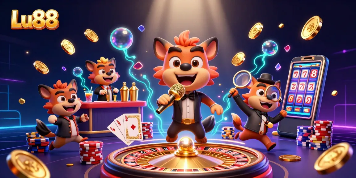 Experience the lively Lu88 casino with hyenas entertaining, drinks flowing, and vibrant casino elements.