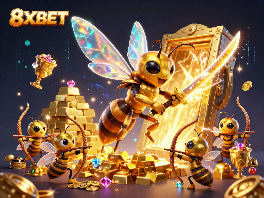 Experience diverse gaming with 8XBET's futuristic casino scene featuring unique characters and vibrant visuals.