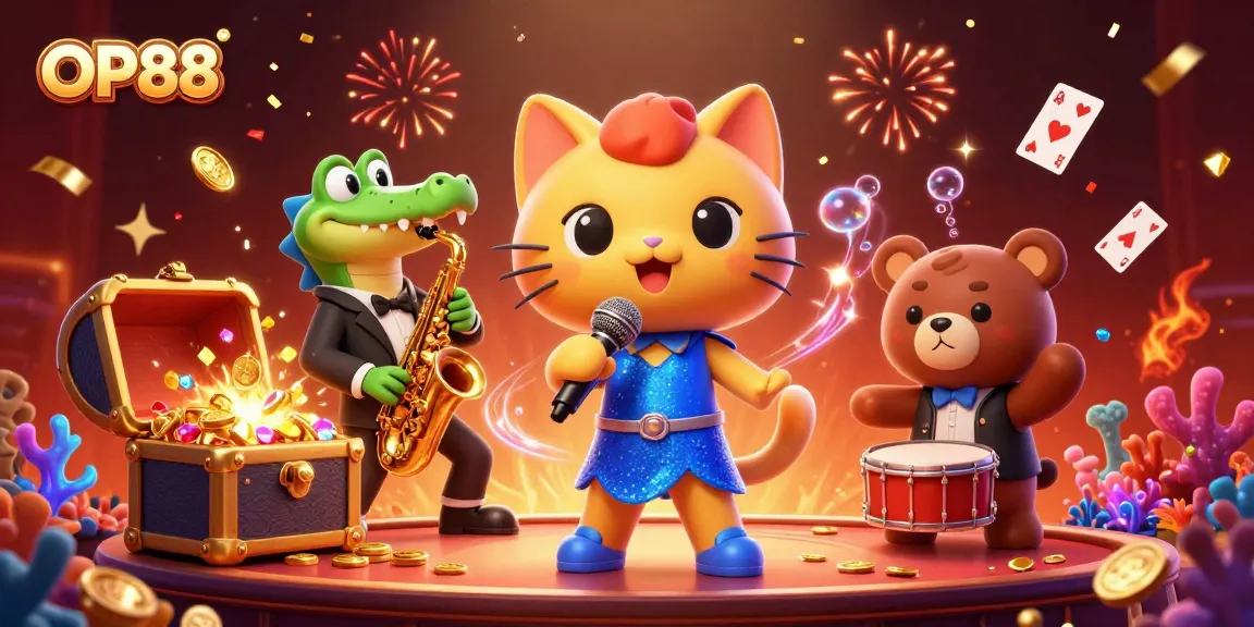 Experience thrilling gaming at OP88 with vibrant 3D characters celebrating at the casino.