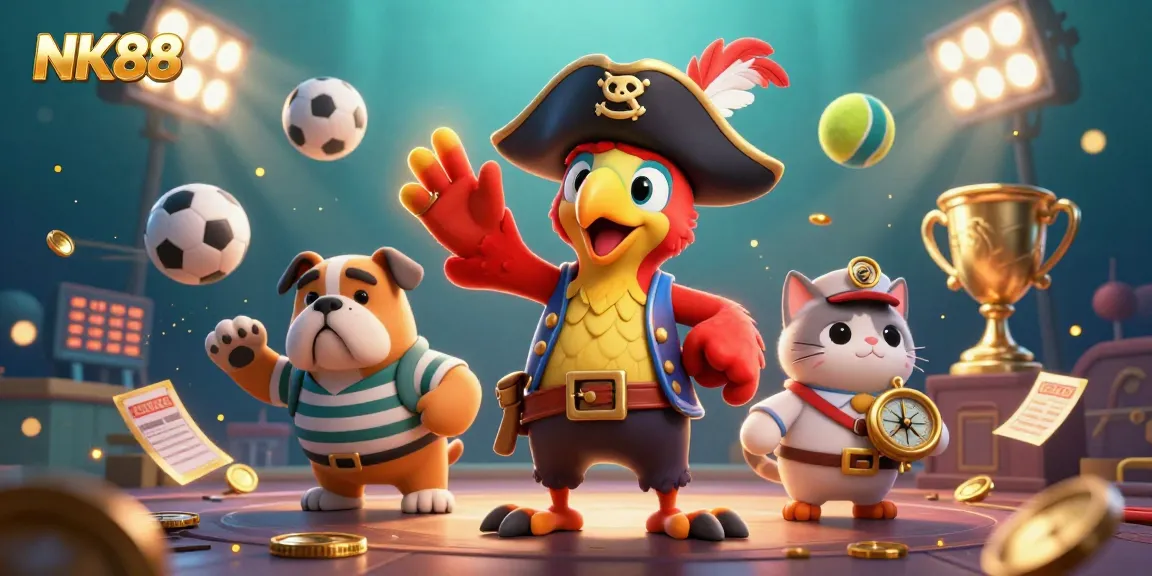 Engage in thrilling gaming at NK88 with dynamic visuals of a pirate captain, bulldog first mate, and navigating ship's cat.