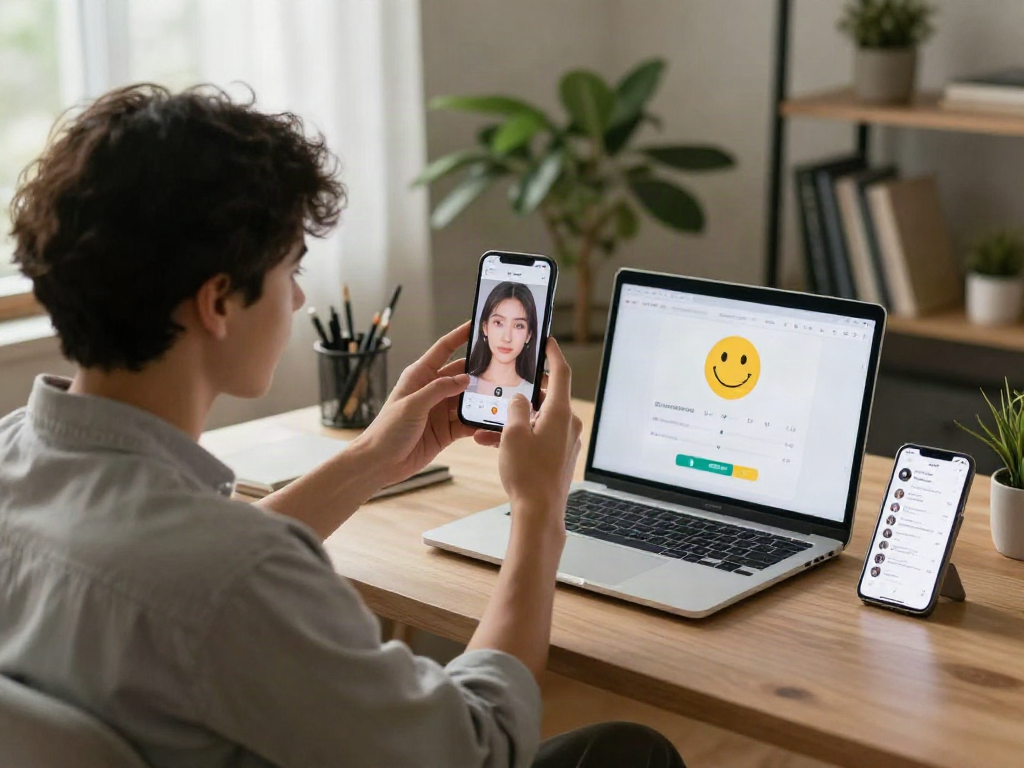 Performing an attractive test by uploading a selfie at a cozy home office desk with a cheerful atmosphere.