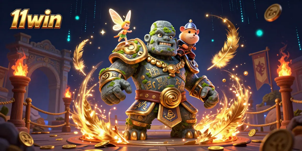 Experience the magic of 11win with a dazzling casino scene featuring a golem, fairy, and hamster knight.