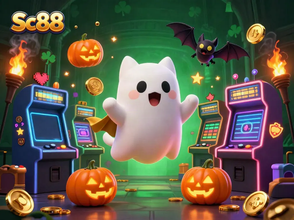 Experience thrilling gaming adventures with Sc88 as a ghost cat interacts in a vibrant casino.