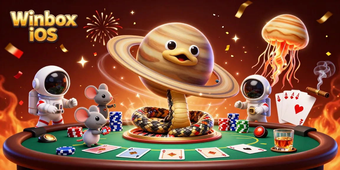 Winbox iOS app illustration with casino atmosphere featuring a unique roulette and astronaut mice betting