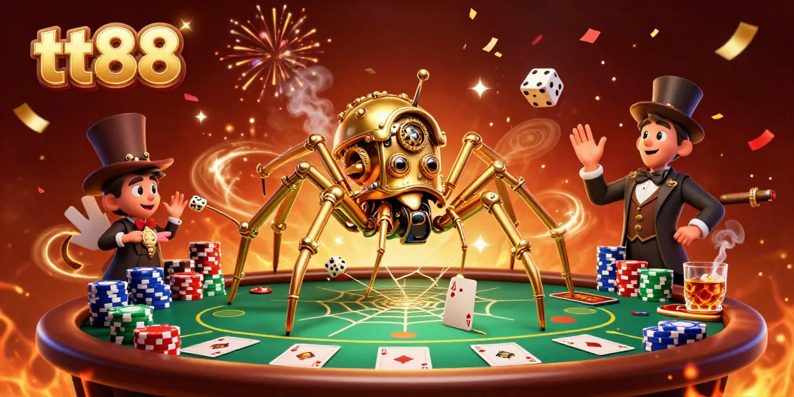 Win at tt88 with a 3D steampunk spider capturing dice in a vibrant casino scene.