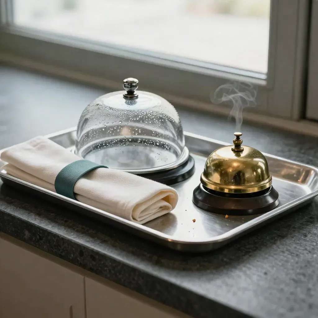 Room-service cloche, napkin ring, and brass bell on a brushed metal tray with soft steam.