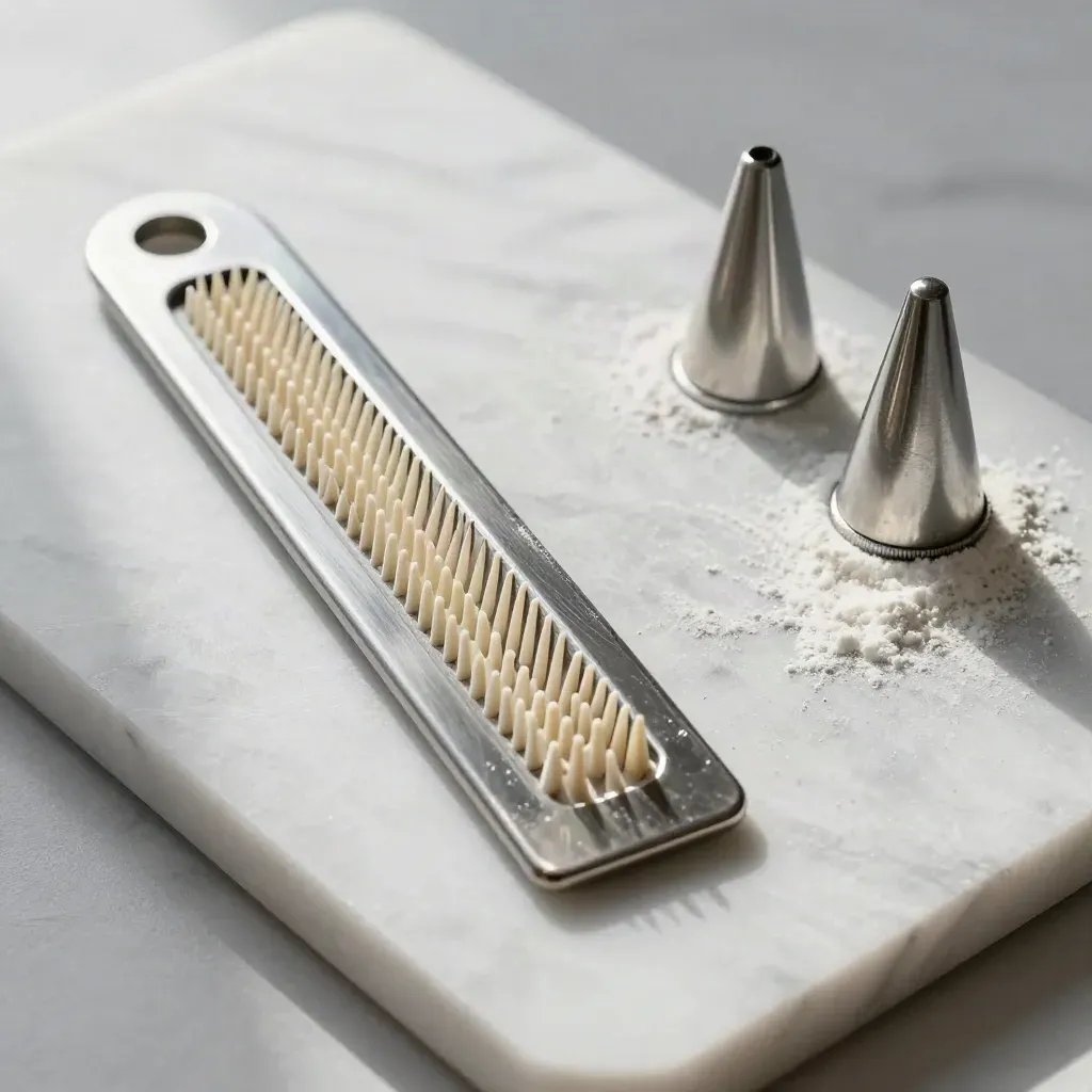 Top-down bakery tools on marble: pastry comb, bench scraper, and piping tips dusted with flour.