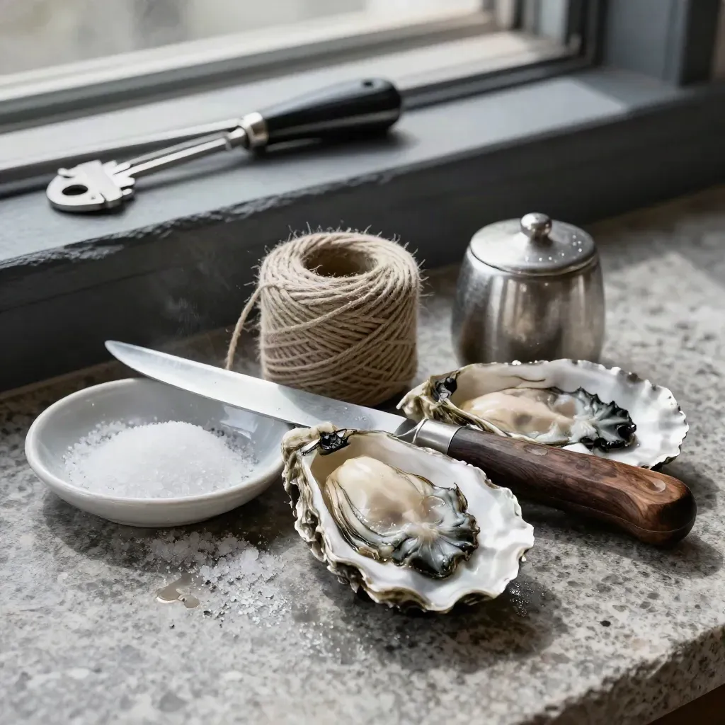 Oyster knife, shell tray, twine spool and salt cellar on a stone slab in dramatic side light