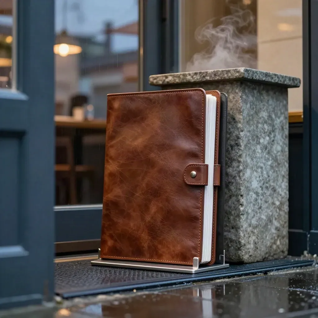 Leather menu folders and steel stands at a rain-damp restaurant entrance at blue hour.