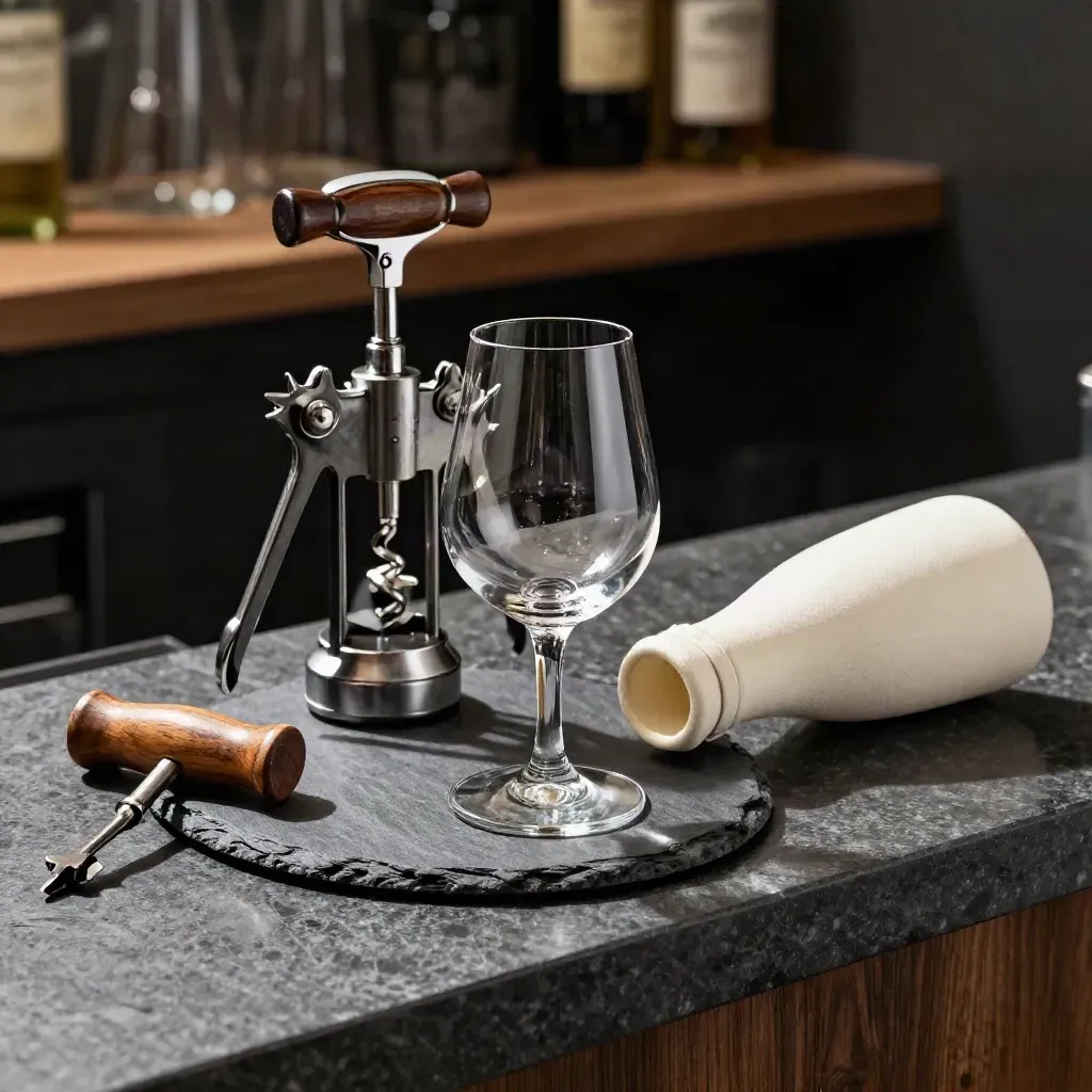 Bartender tools beside a tasting glass and slate coaster on a dark stone bar