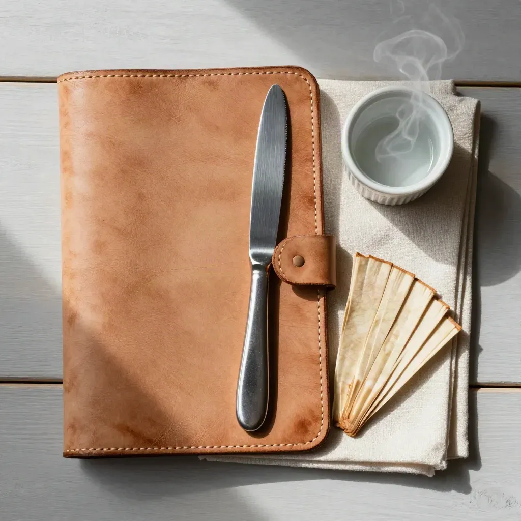 Leather menu cover, knife, napkin and ramekin on pale wood with steam