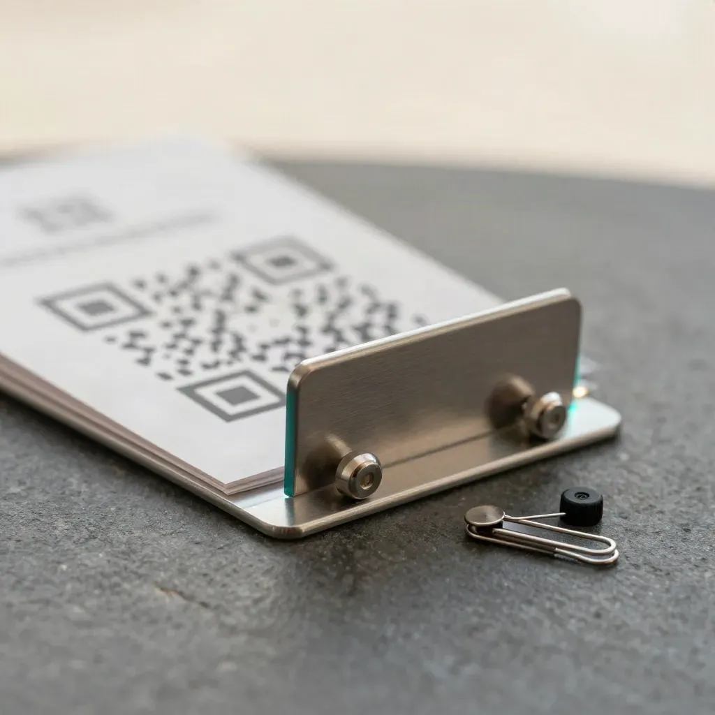 Brushed aluminum QR menu stand with acrylic insert and small hardware on stone