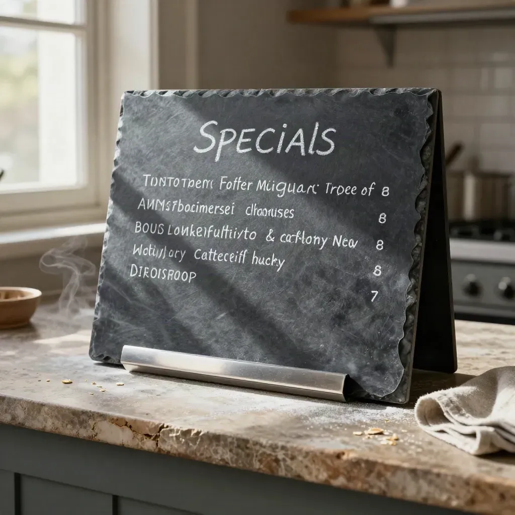 Slate specials board tile, chalk holder, and clip strips on a rustic kitchen pass with steam