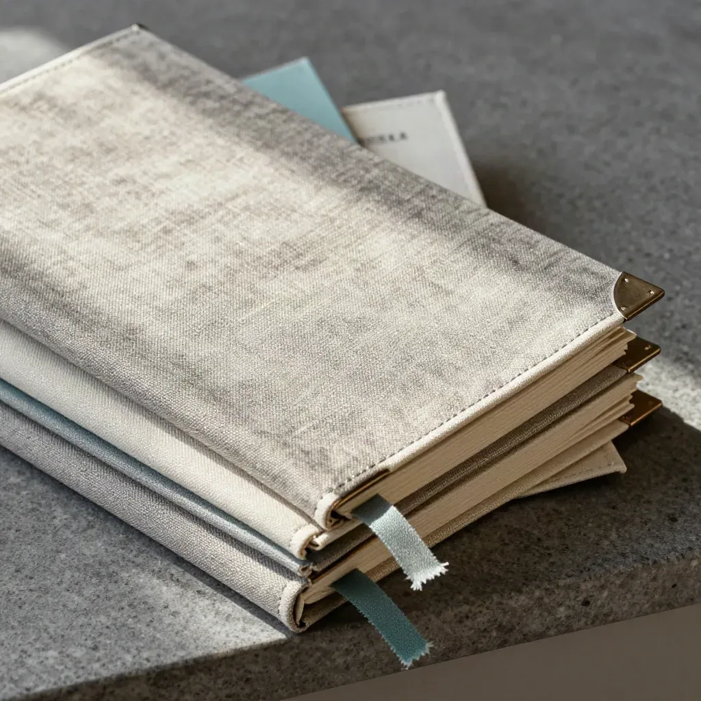 Stacked linen menu covers with teal ribbon tabs on stone, close texture detail.