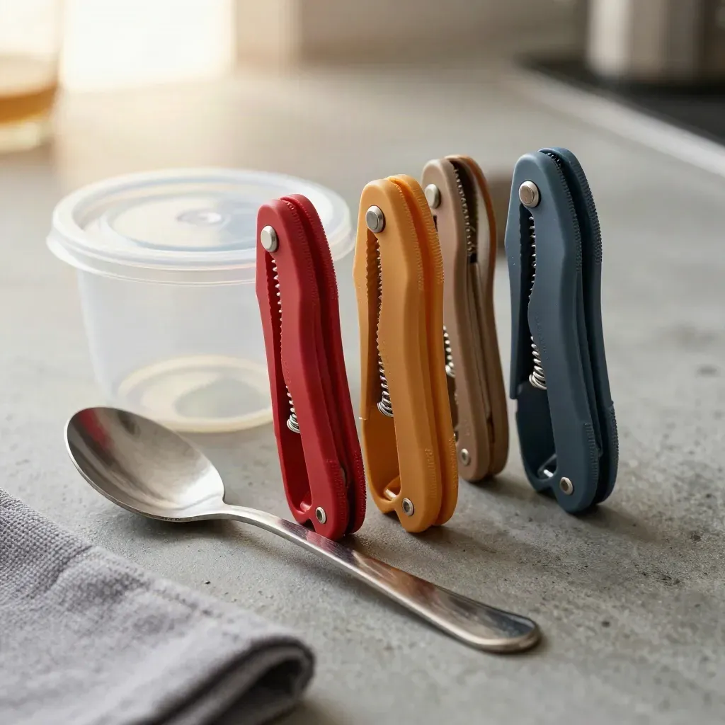 Food-safety clips beside a sealed cup and stainless spoon rest on a prep counter.