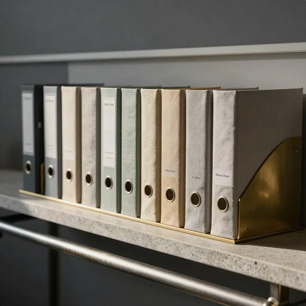 Brass menu holders and linen binders on a stone shelf, shot low through a blurred steel rail.