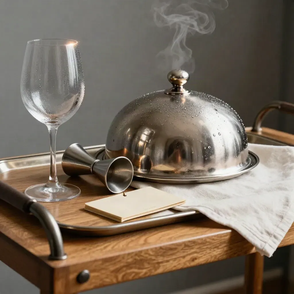 Stemmed glass frames a hotel cloche, jigger, coaster and keycard sleeve after service.