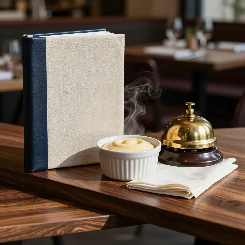 Menu folio, brass service bell, ramekin and folded napkin on walnut in dramatic light