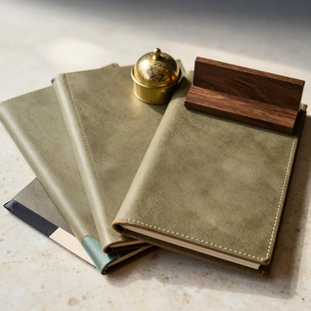 Macro still life of folded menu covers, spice tin, and tent card holder on travertine.