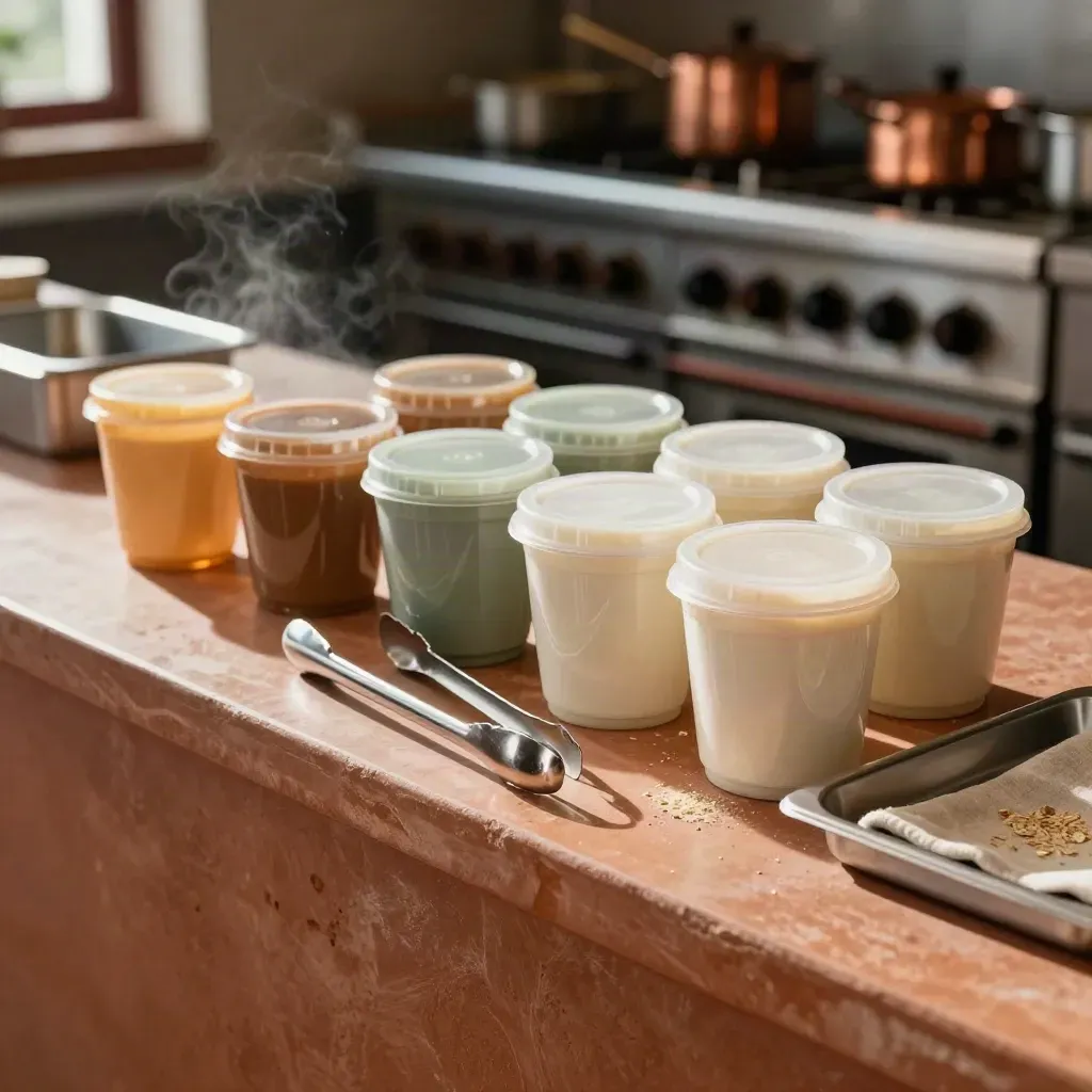 Allergy-safe prep line with cups, ramekins, and tongs on a terracotta kitchen ledge.