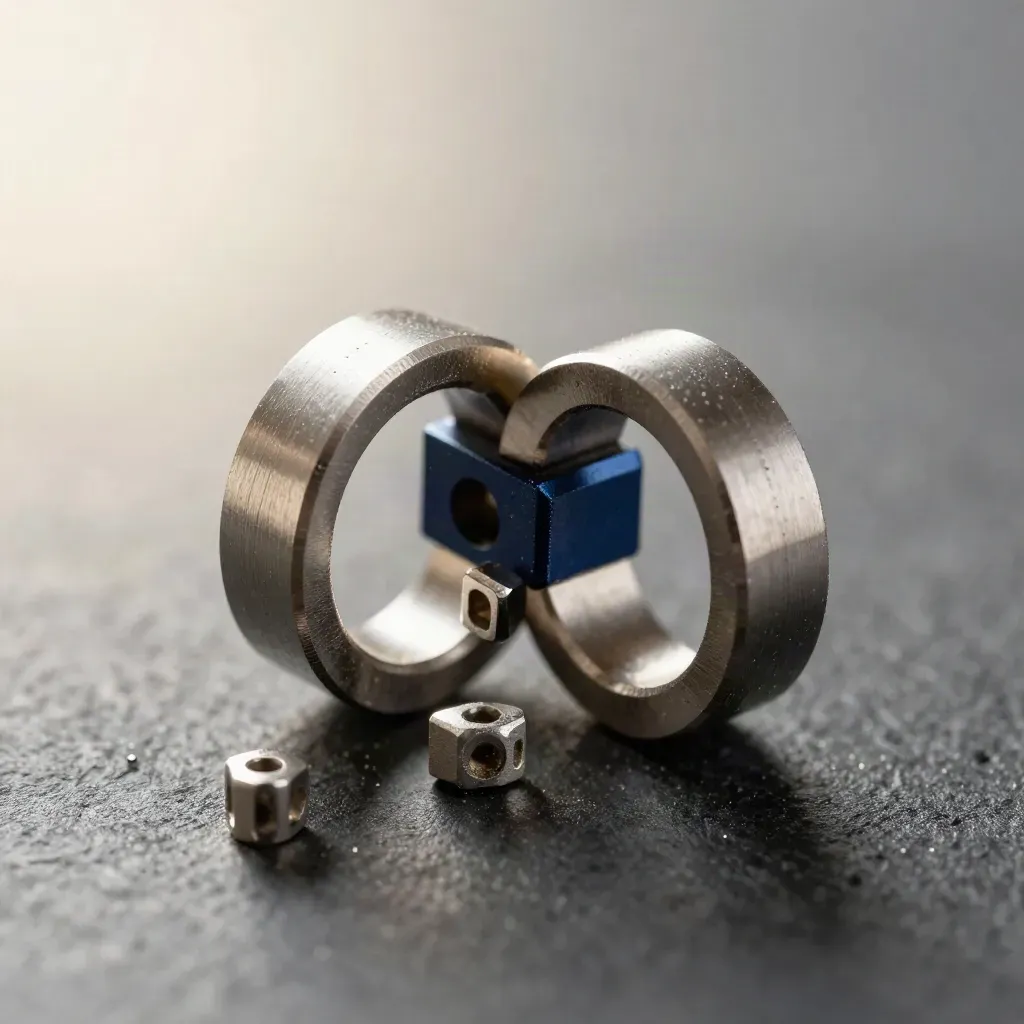 Macro of metal connectors and rings clicking together on dark stone, with a navy accent.