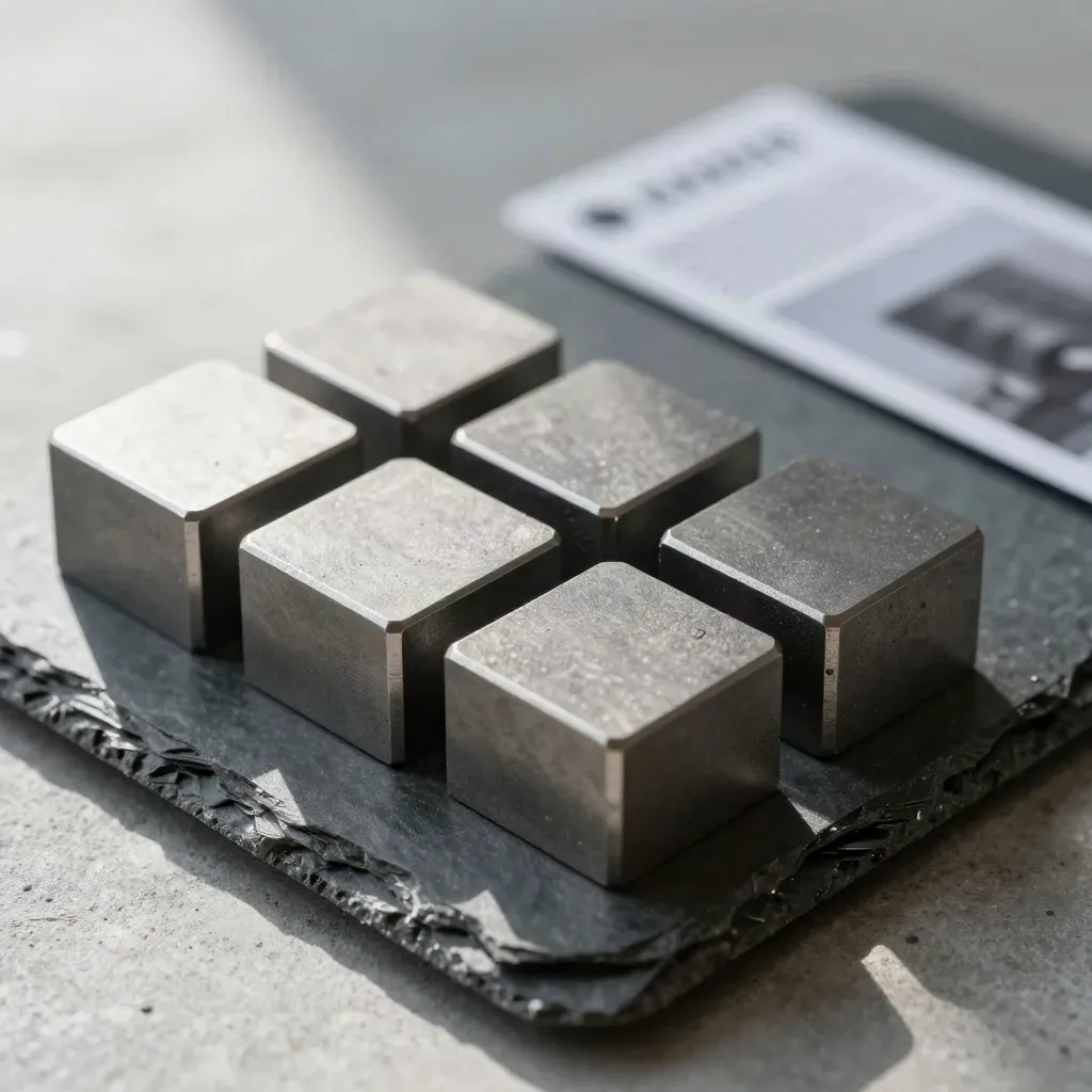 Slate cubes, magnetic pin strip, and precision spacers in a premium macro still life.