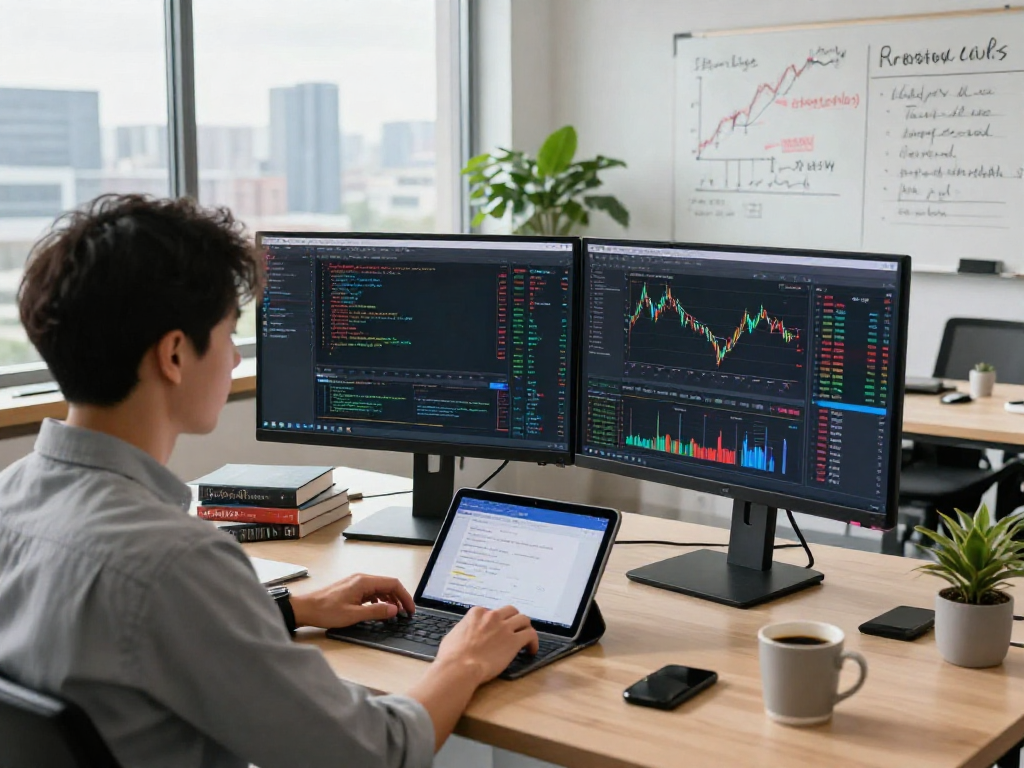 Data analyst using India stock real-time API analysis tools in a modern office.