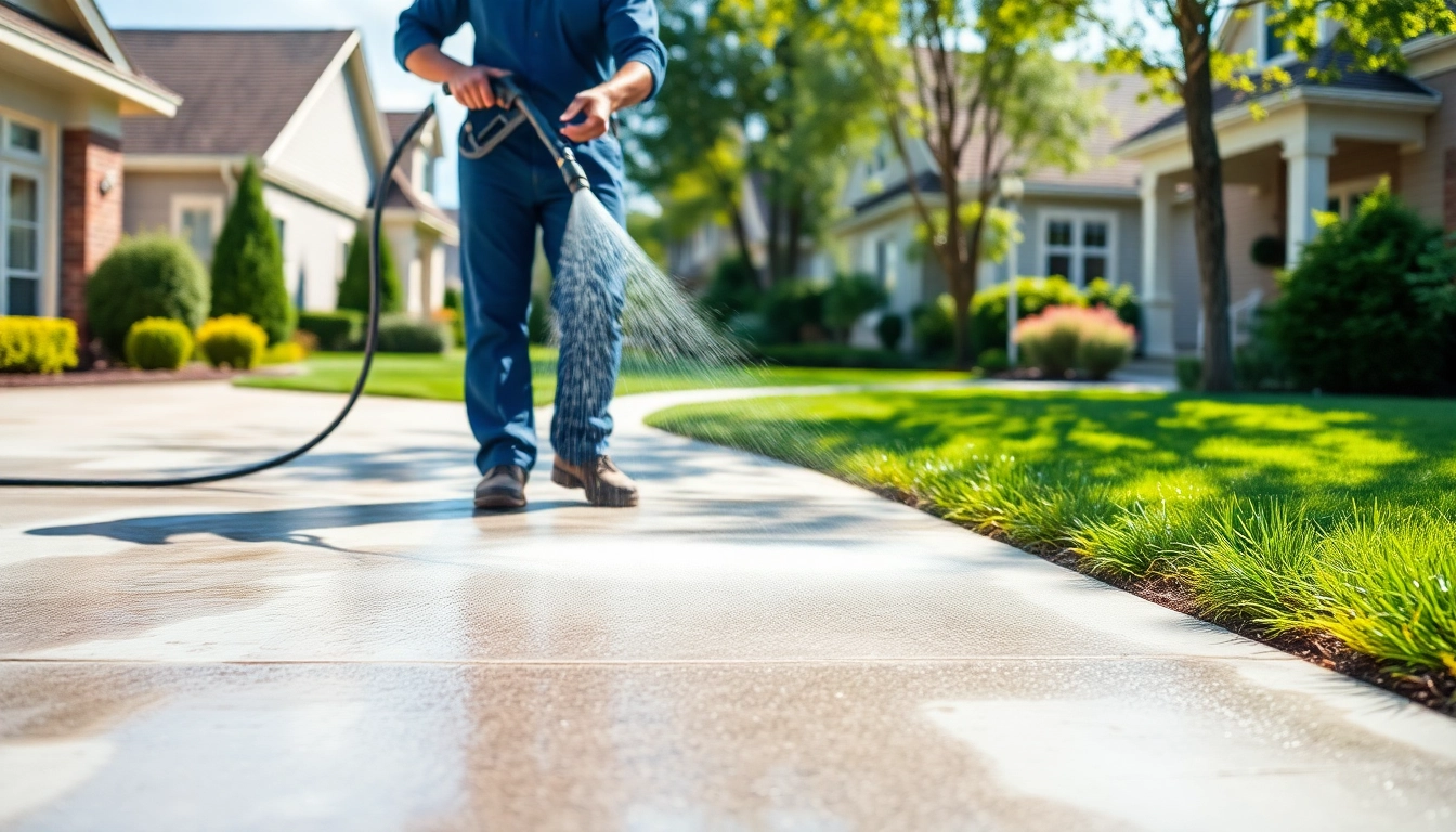 Driveway cleaning service rejuvenating a concrete driveway with a pressure washer.
