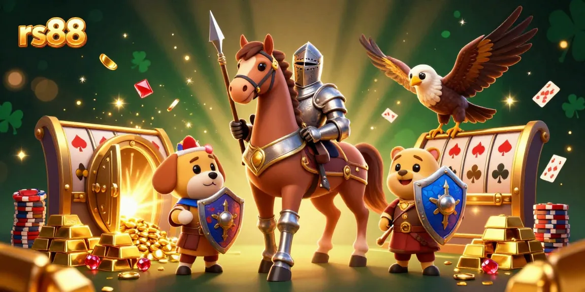 Experience the excitement of rs88 casino with knights, treasure, and sparkling elements in a lively scene!