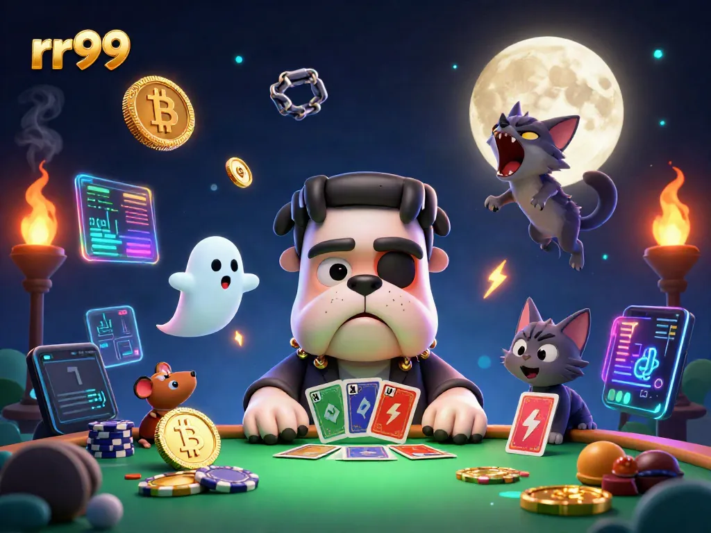 Engaging gaming scene with rr99 featuring a Frankenstein bulldog and ghost mouse at a spooky casino table.