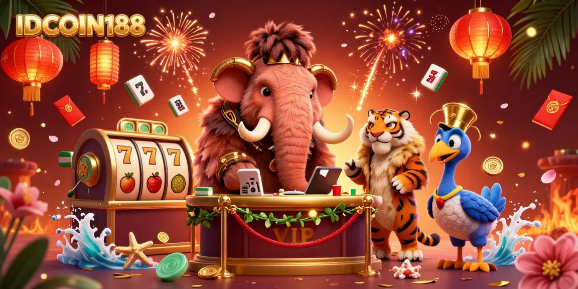 IDCOIN188 casino scene with a woolly mammoth bouncer, saber-tooth tiger VIP, and dodo doorman amidst vibrant slot reels.