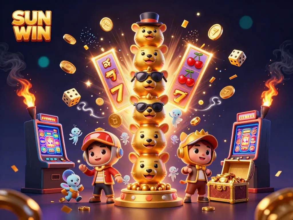 Experience thrills with SUN WIN in dynamic casino action featuring a golden totem, bursting slot machine, and dice.