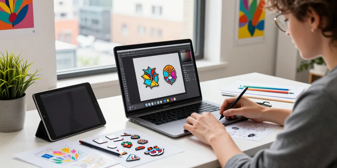 Custom acrylic pins design process by a creative professional in a vibrant urban workspace.