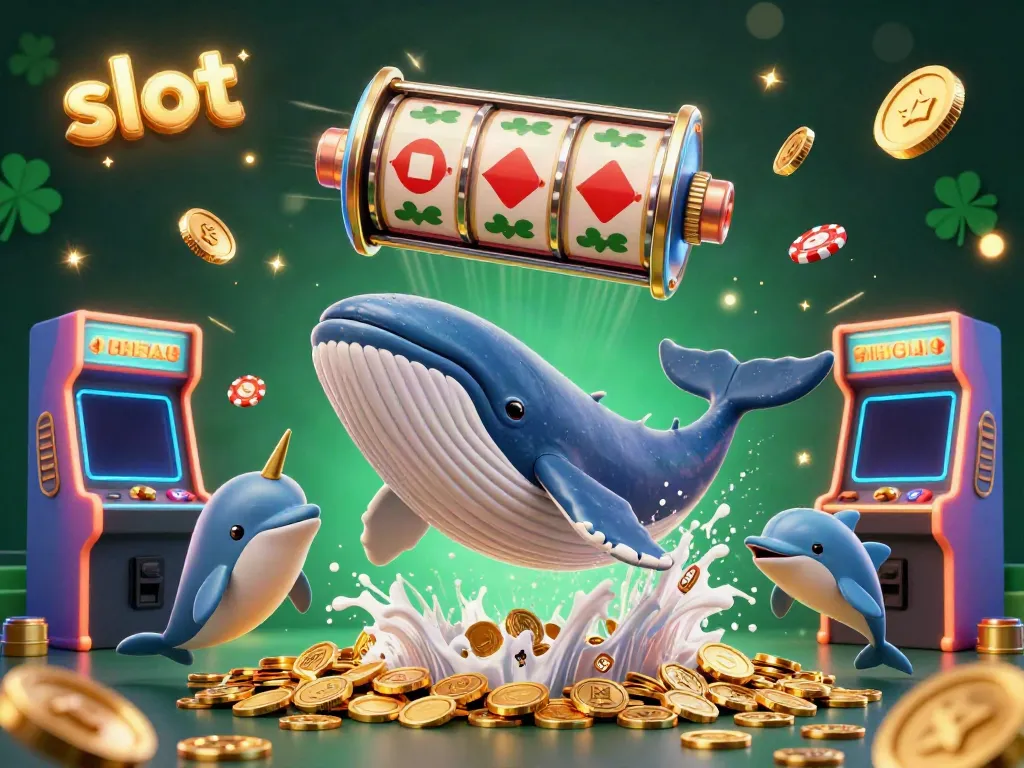 Experience the excitement of slot with a vibrant whale and dolphins celebrating in a sea of gold coins.