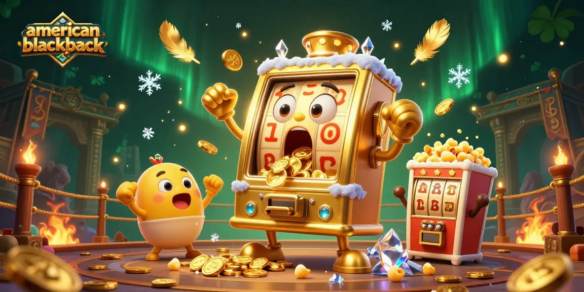 Experience american-blackjack excitement as a cartoon slot machine hits the jackpot, surrounded by cheering mini slots and coins.