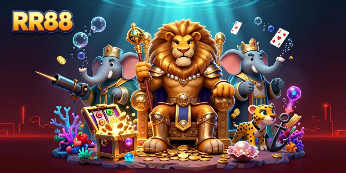 RR88 showcases a fierce lion king and his advisors amid slots and treasures bursting with excitement.