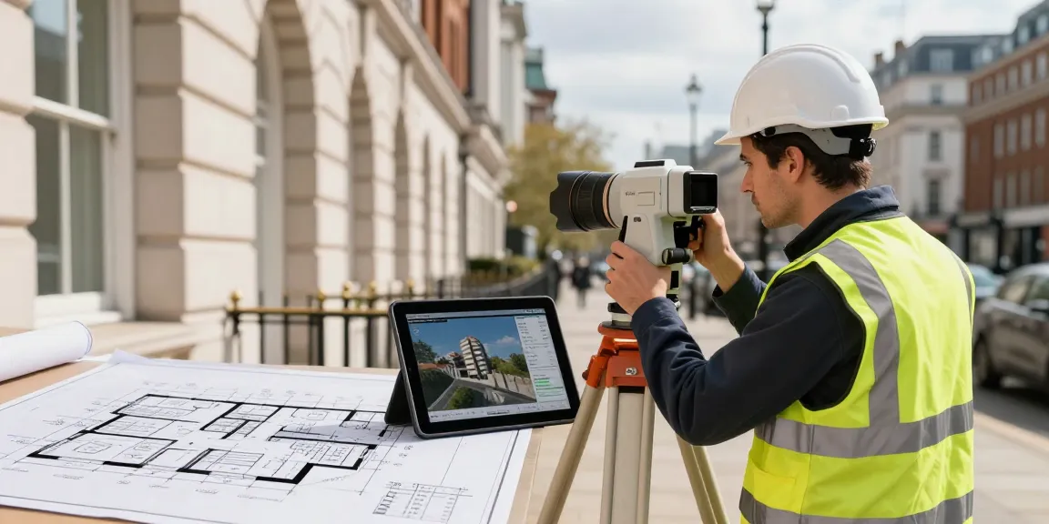 Measured building surveyors using advanced technology in London to capture accurate architectural measurements.