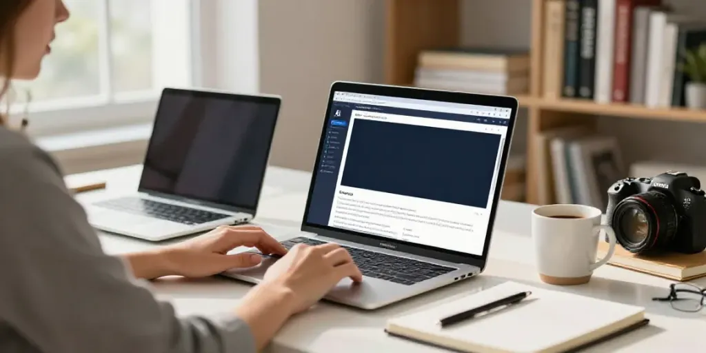 Content creator using AI tools for blog post summaries in a bright workspace.