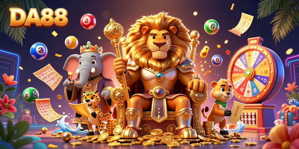 Experience thrilling gameplay at DA88 with colorful lottery elements and vibrant casino characters.