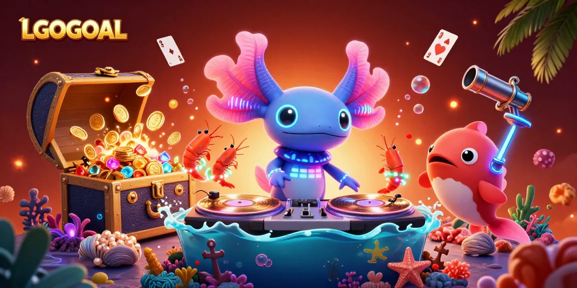 Spin winning reels with LGOGOAL's neon axolotl DJ and vibrant sea creatures.