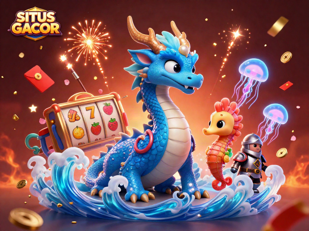 Experience the magic of SITUS GACOR with vibrant slot reels, ocean-themed characters, and celebratory elements.