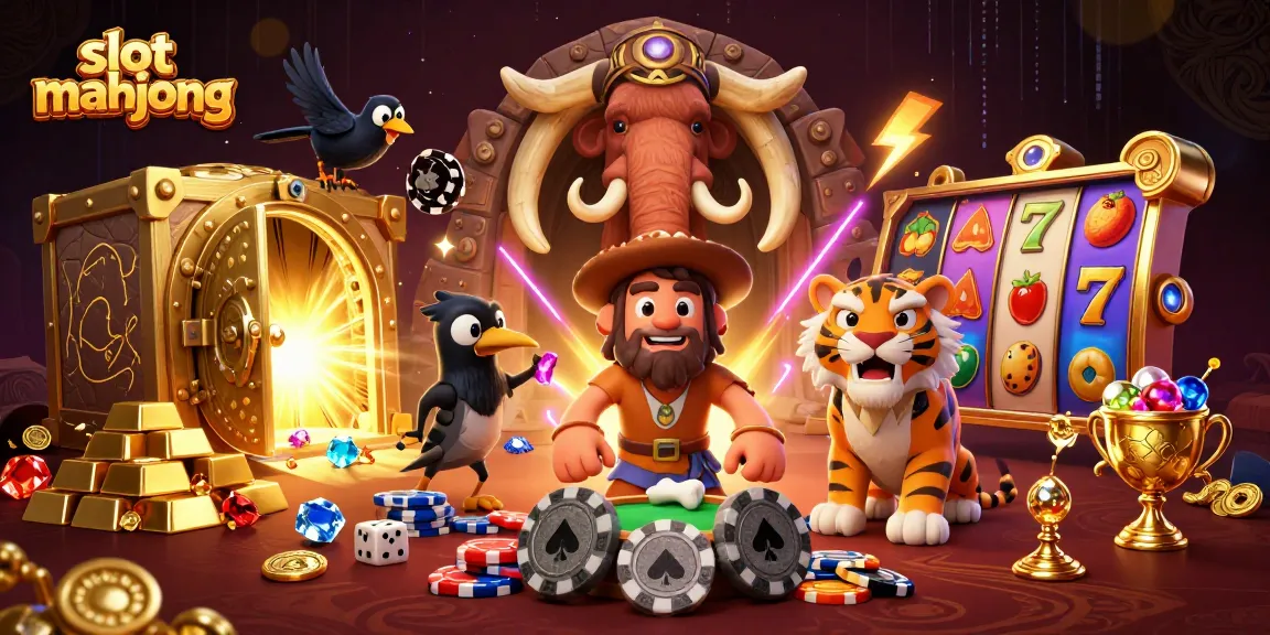 Engage with slot mahjong in a vibrant casino scene featuring prehistorical characters and treasures.