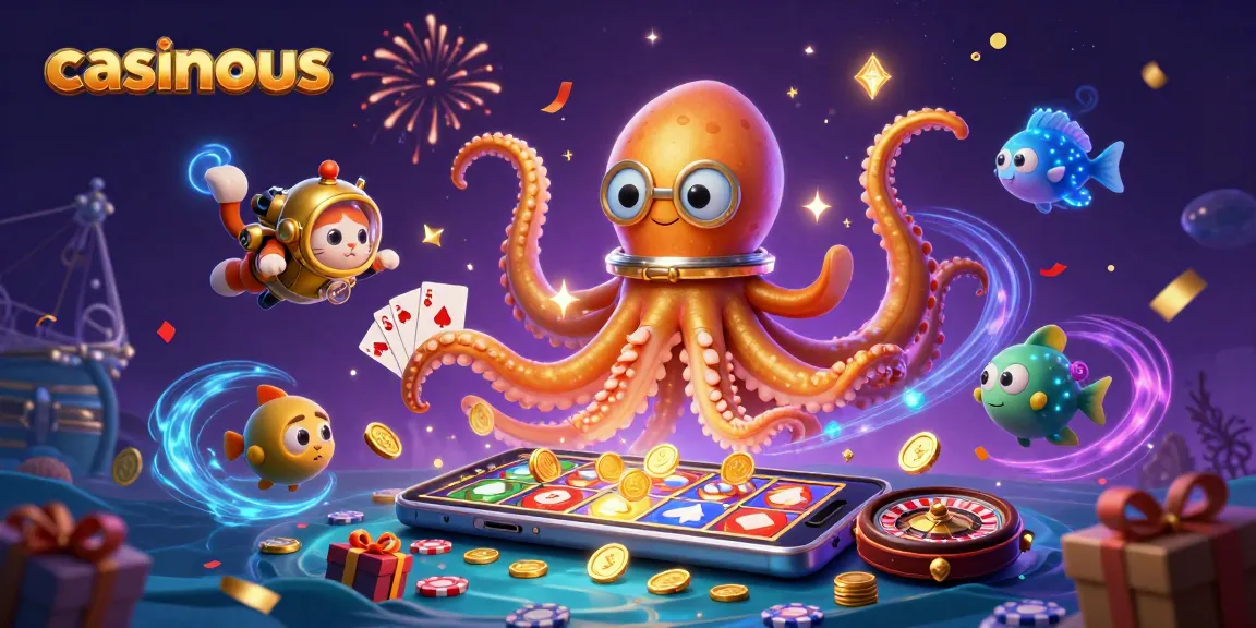 Casinous showcases a colossal kraken, diving cat, and glowing fish amidst vibrant casino elements.