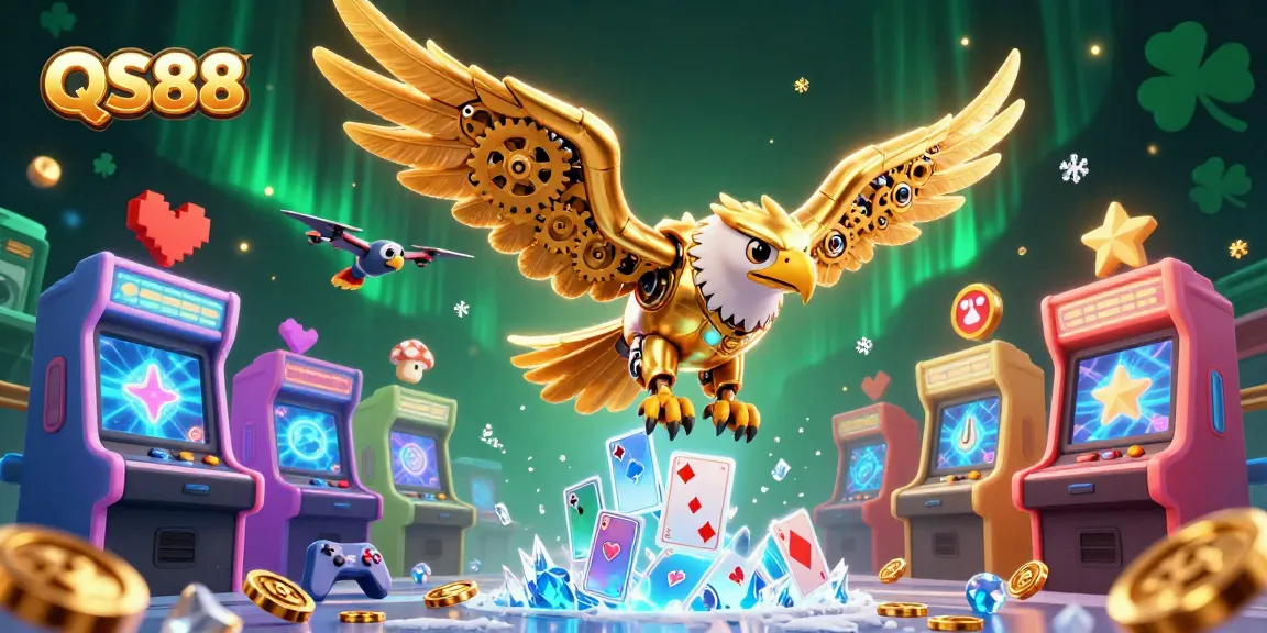 Experience thrilling gameplay with QS88's golden eagle diving through vibrant holographic cards.